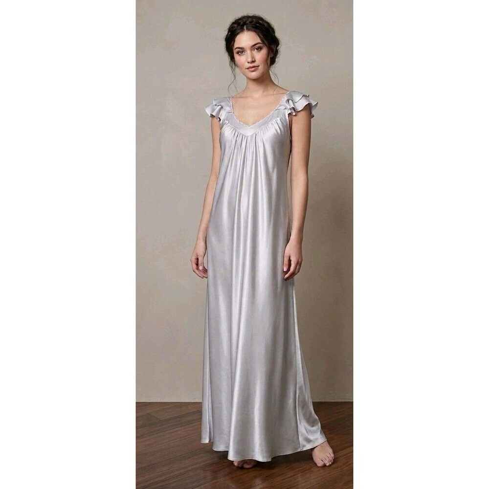 Oscar De La Renta Long Satin Nightgown Silver Ruffle Chiffon Neckline Size S